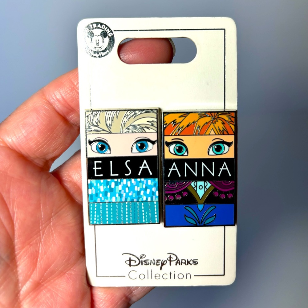 Disney’s Frozen Elsa and Anna enamel trading pins set.